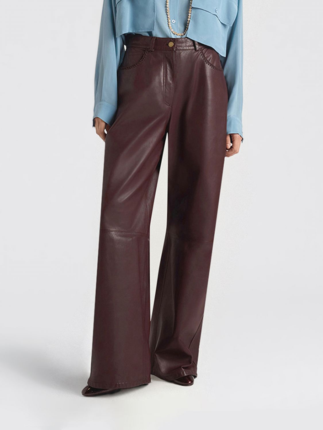 Momonì Aoki High-Waisted Striped Wide Leg Trousers in Lambskin Leather