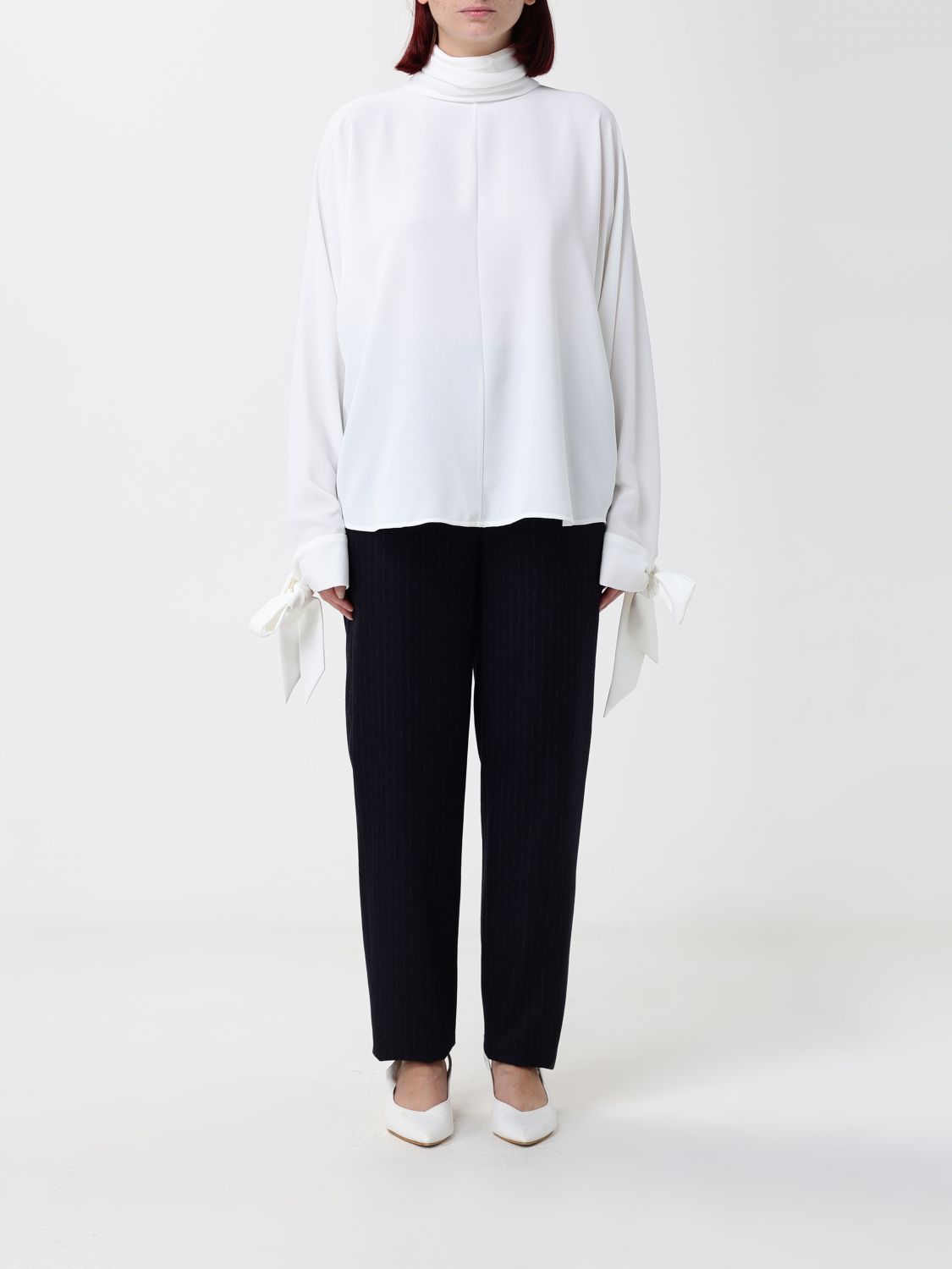 Emporio Armani High-Neck Crêpe Blouse with Lace Inserts