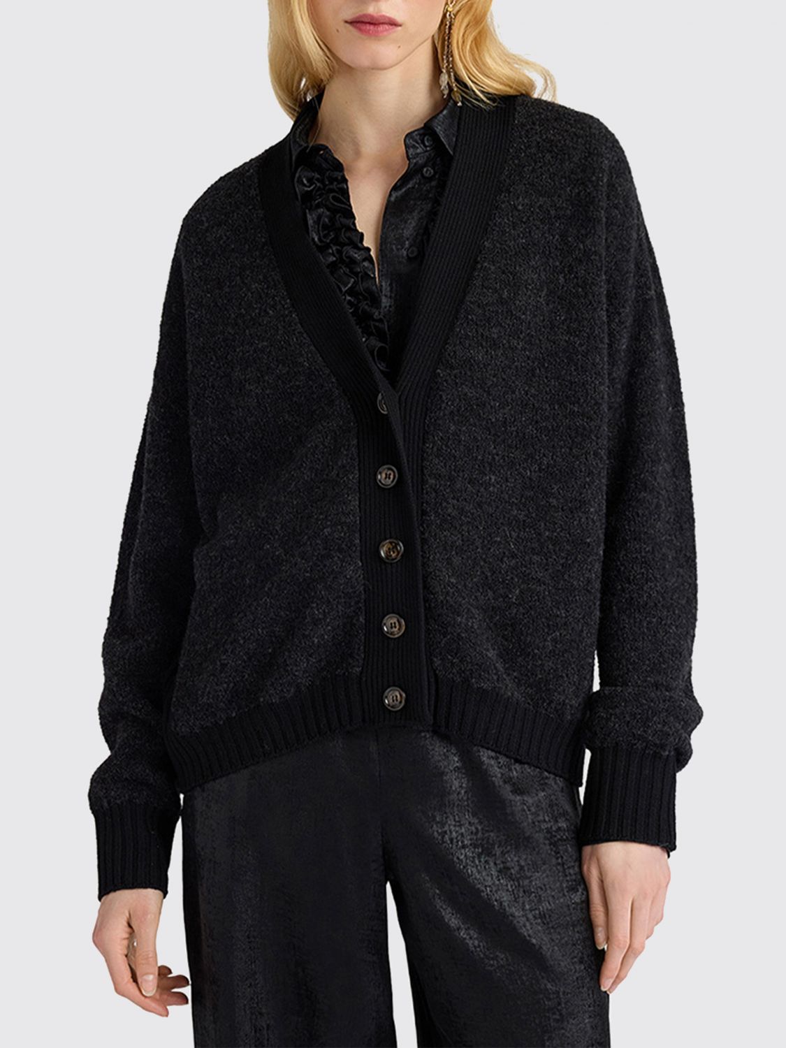 Momonì V-Neck Wool-Blend Cardigan Momonì with Dropped Shoulders and Ribbed Trims