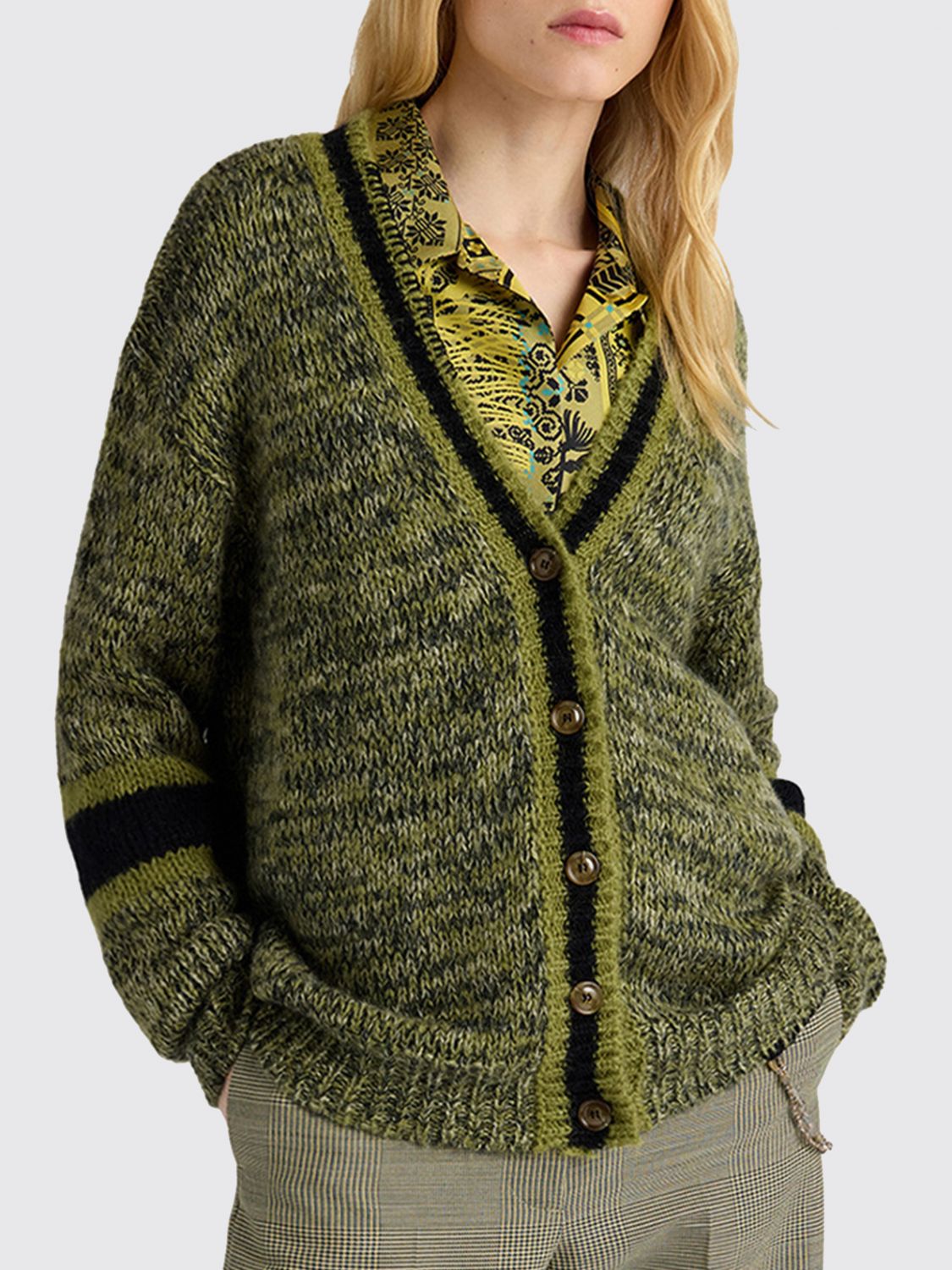 Momonì V-Neck Wool-Blend Cardigan Momonì with Contrast Trims and Button Fastening