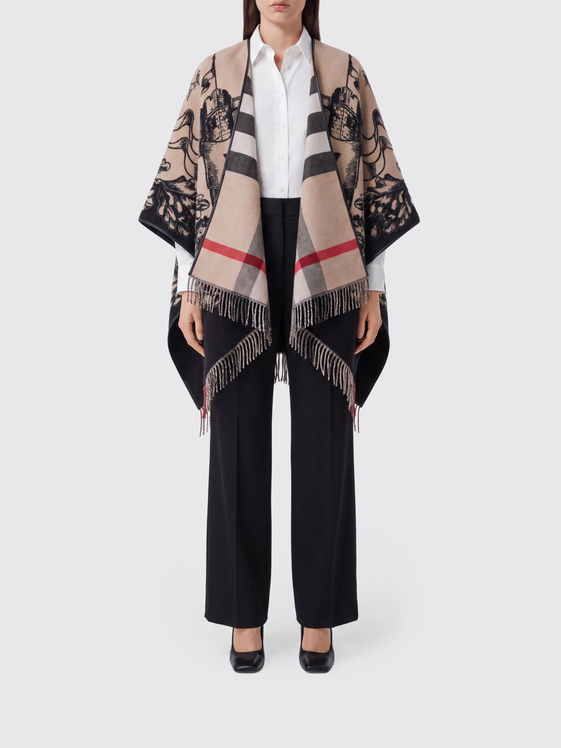 BURBERRY Check Wool Cape with Asymmetrical Hem and Fringes