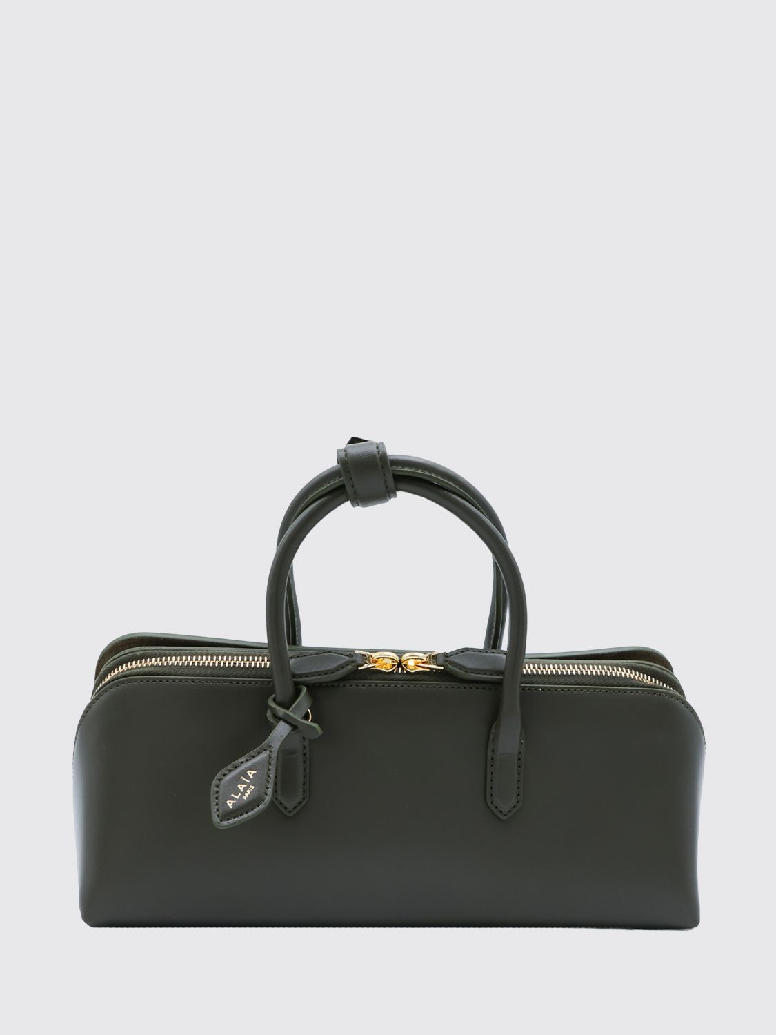 ALAÏA Small Leather Handbag with Double Tubular Handle and Logo Charm ALAÏA Small Leather Handbag with Double Tubular Handle and Logo Charm