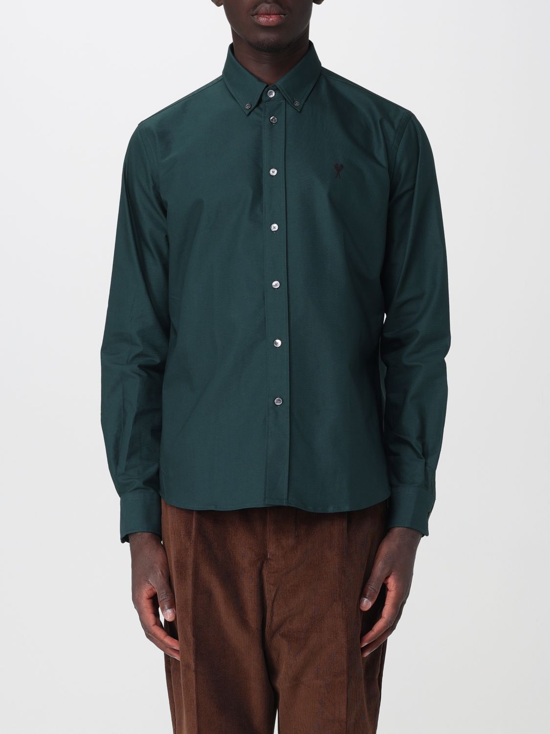 Ami Paris Cotton Shirt with Button-Down Collar and Embroidered Logo
