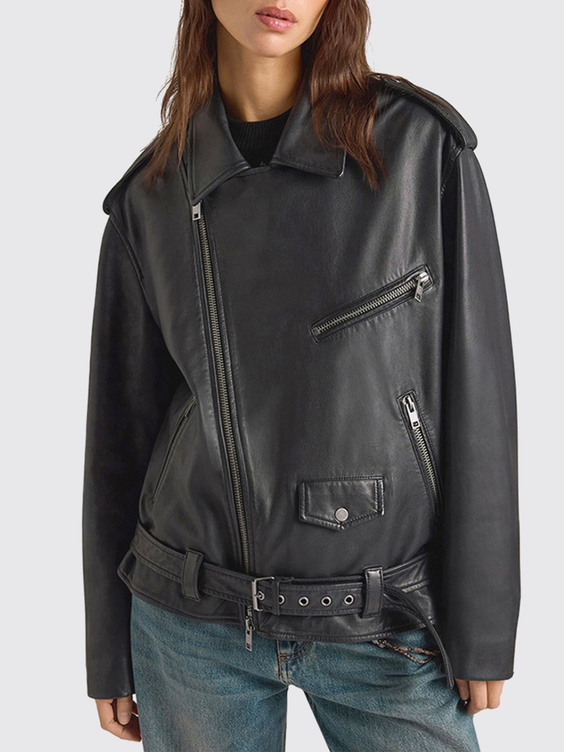MOMONÌ Relaxed Fit Leather Biker Jacket with Asymmetrical Zip and Belt