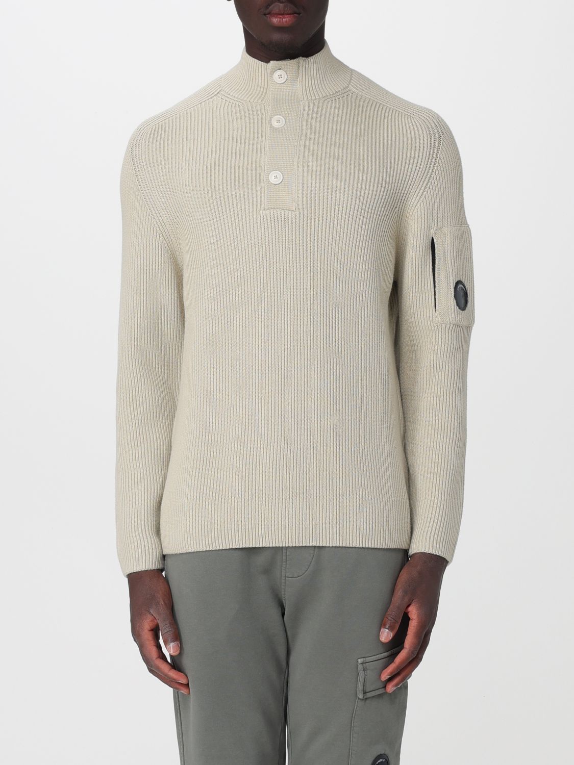 C. P. COMPANY Slim Fit Mock Neck Jumper in Cotton Blend with Buttons