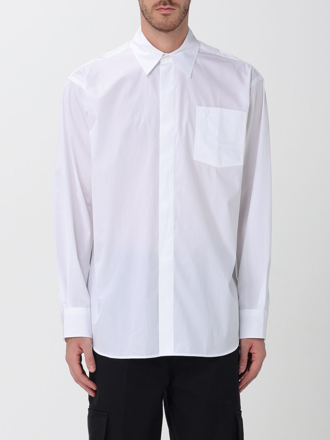 AMI PARIS Cotton Poplin Shirt with Pointed Collar and Concealed Placket