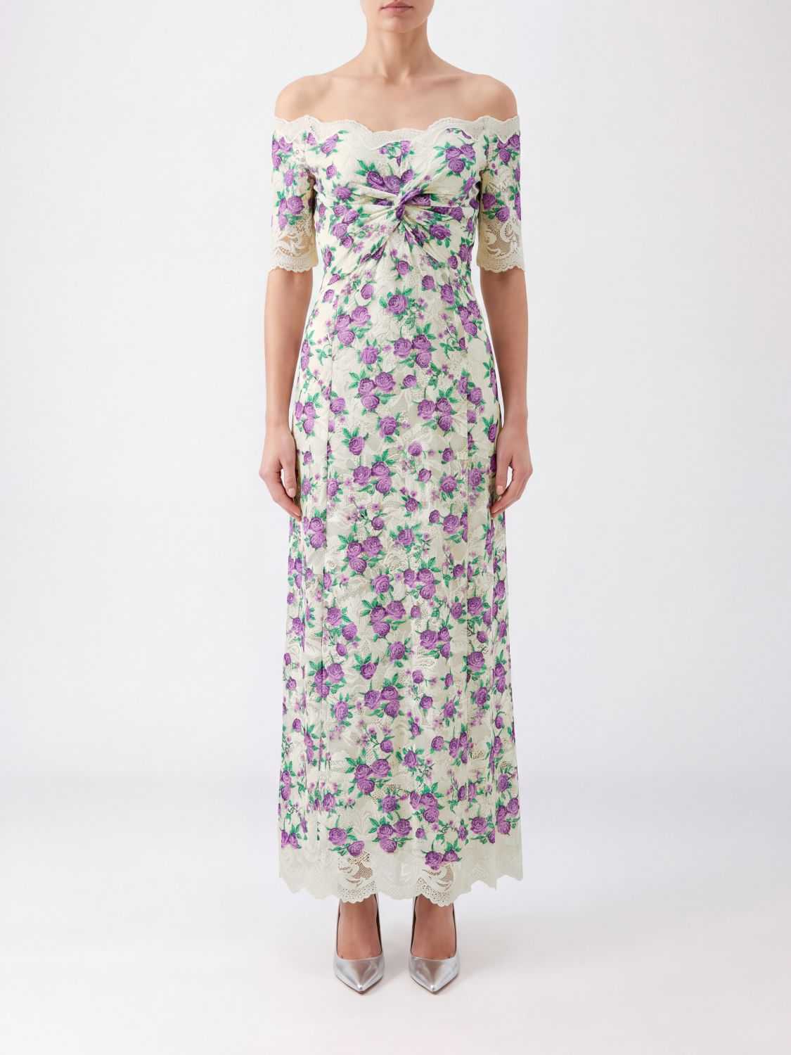 RABANNE Langes Kleid mit Blumendruck und Spitzeneinsätzen am Ausschnitt
