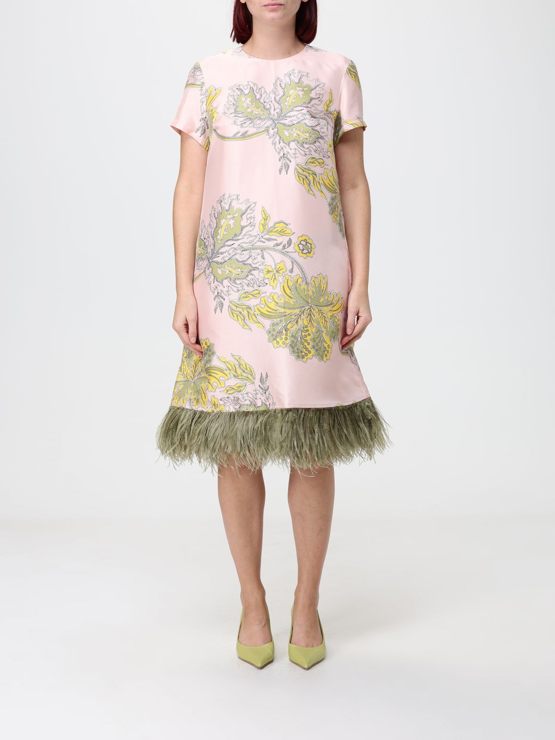 LA DOUBLEJ Floral Print Silk Midi Evening Dress with Feather Details
