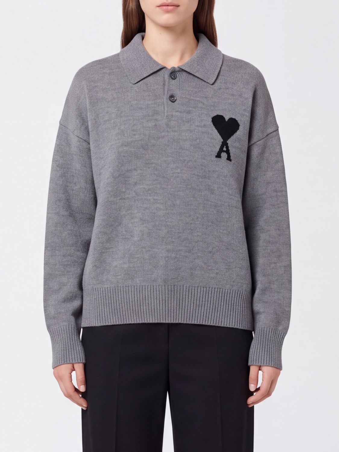 Ami Alexandre Mattiussi Ami Paris Long-sleeved Knit Cotton Polo With Ami De Coeur Monogram Logo In Gray