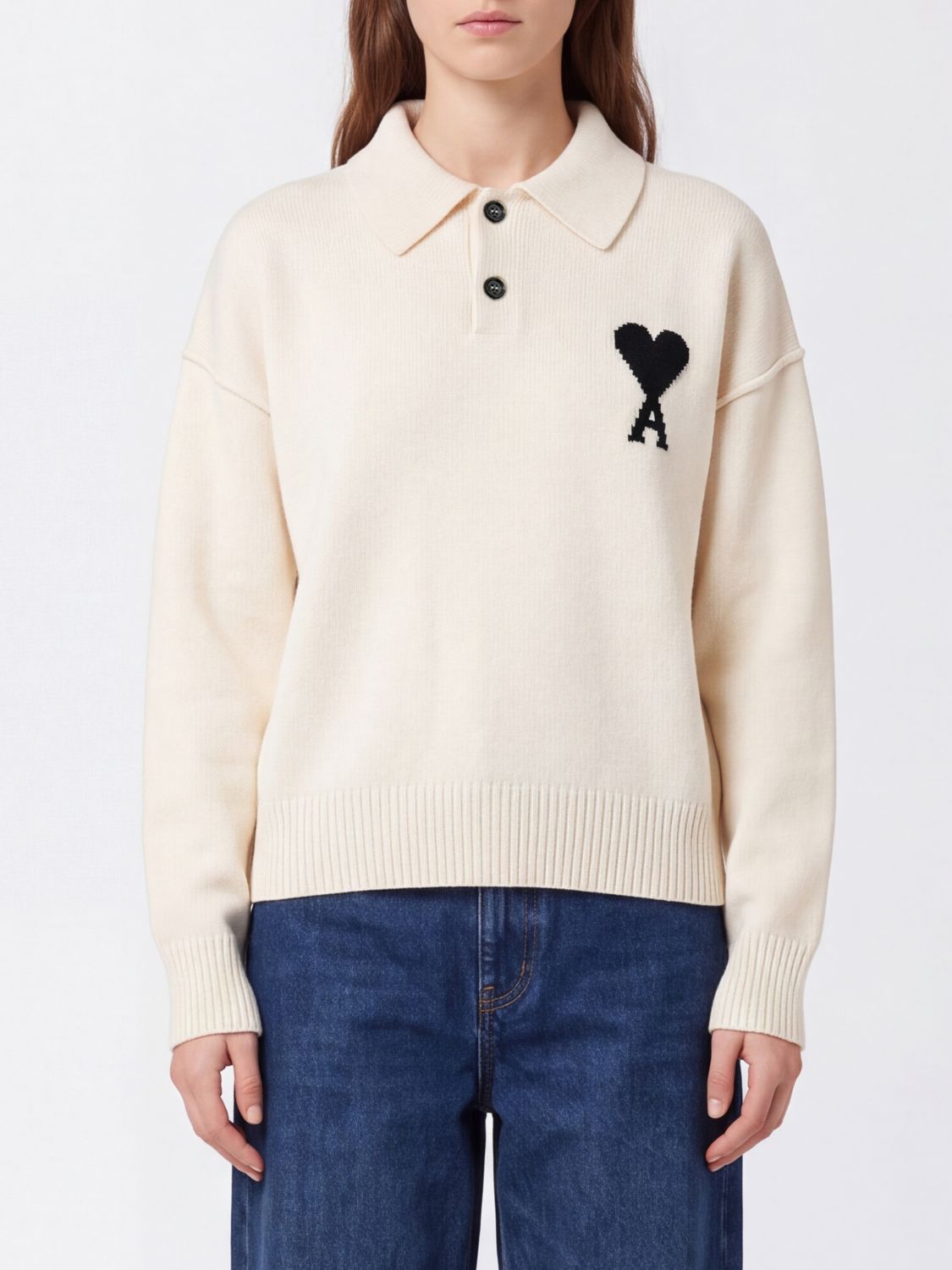 AMI PARIS Long-Sleeved Knit Cotton Polo with Ami de Coeur Monogram Logo