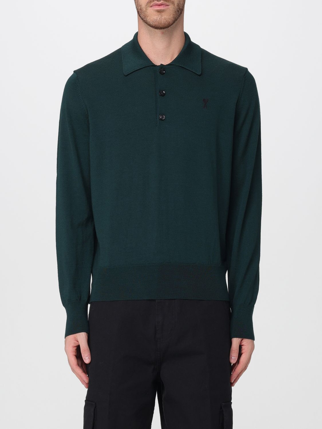 AMI PARIS Langärmeliges Strick-Poloshirt aus reiner Wolle von mit Ton-in-Ton-Logo