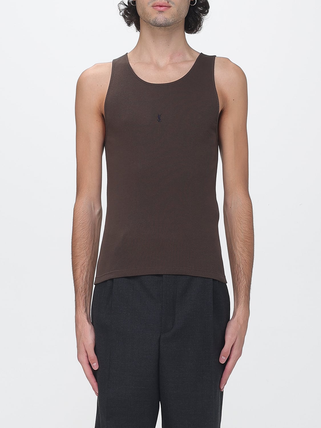 Saint Laurent YSL Monogram Cotton Tank Top with U-Neck