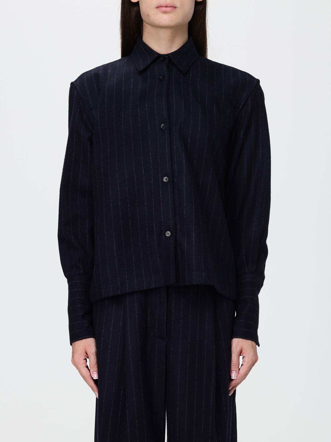 Thelatest Long-Sleeve Pinstripe Wool Blend Shirt with Classic Collar