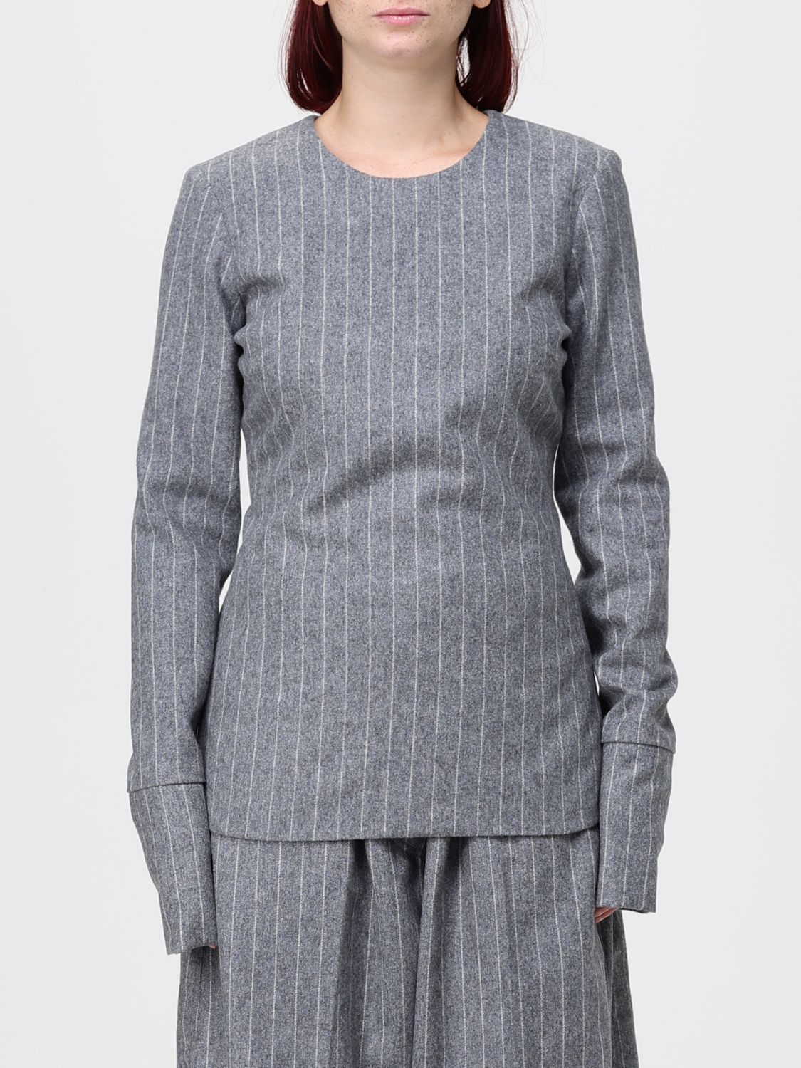 Thelatest Pinstripe Slim Fit Wool Blend Top with Oversized Cuffs