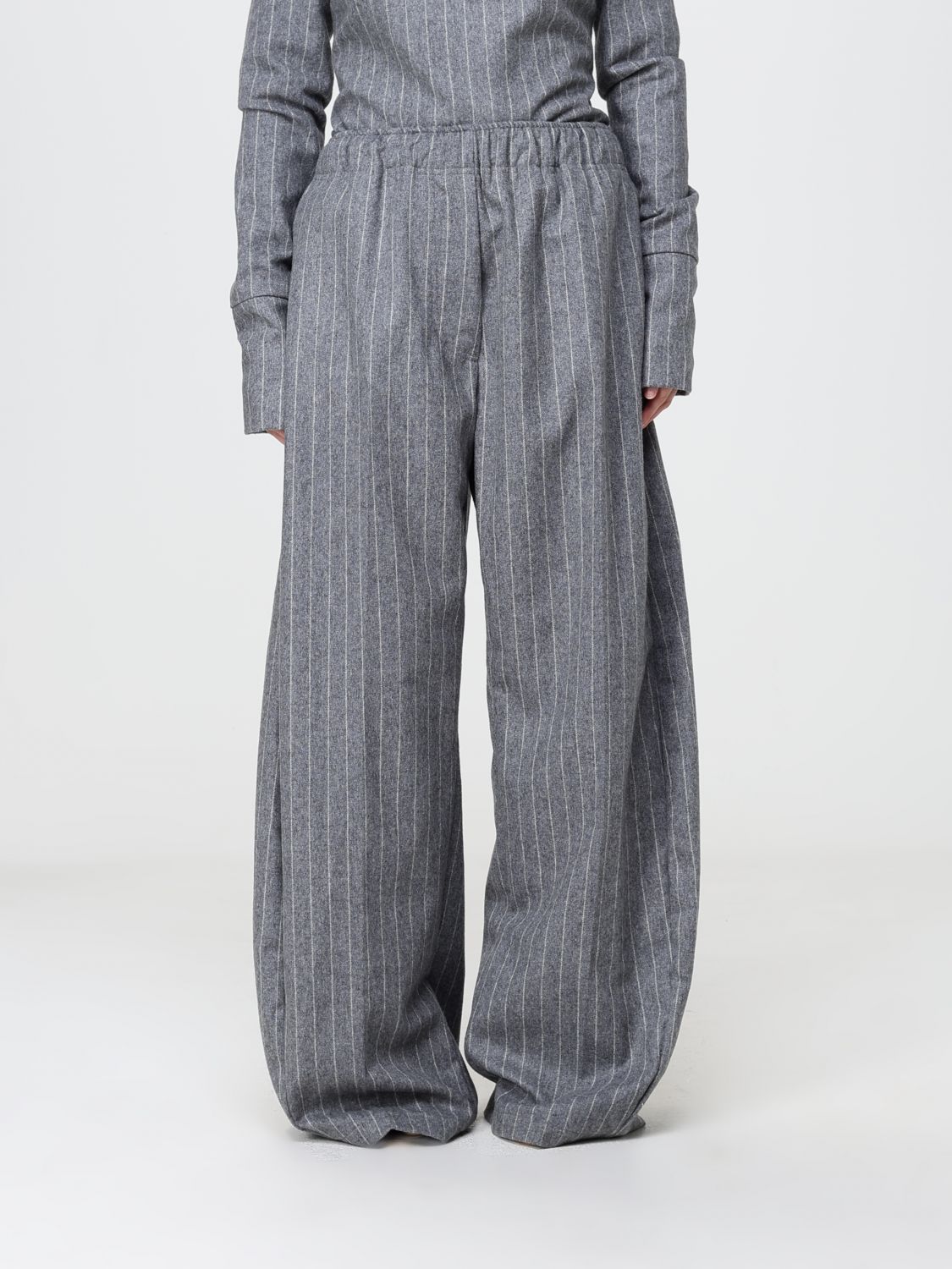 Thelatest Pinstriped Wool Blend Palazzo Trousers with Elastic Mid-Rise Waist