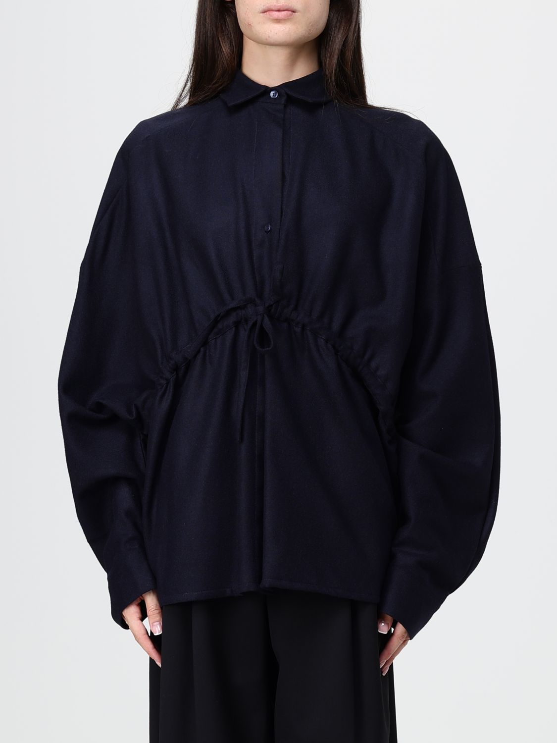 Thelatest Dalida Oversized Wool Flannel Shirt with Balloon Sleeves