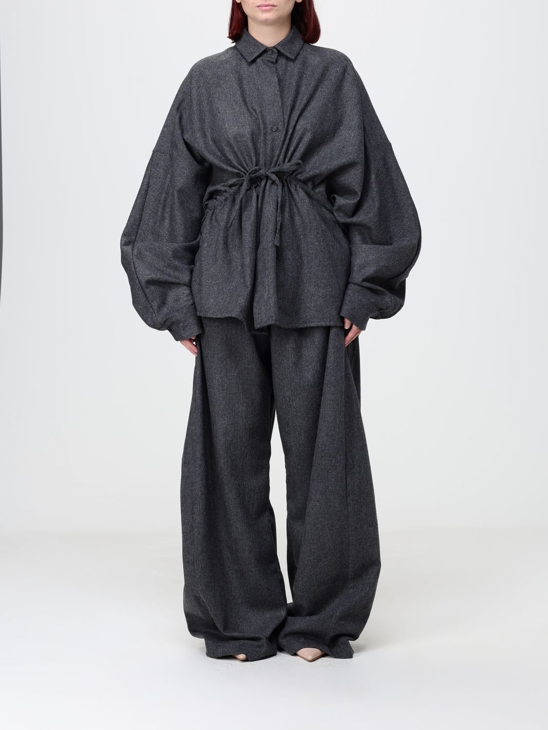 Thelatest Dalida Oversized Wool Flannel Shirt with Balloon Sleeves