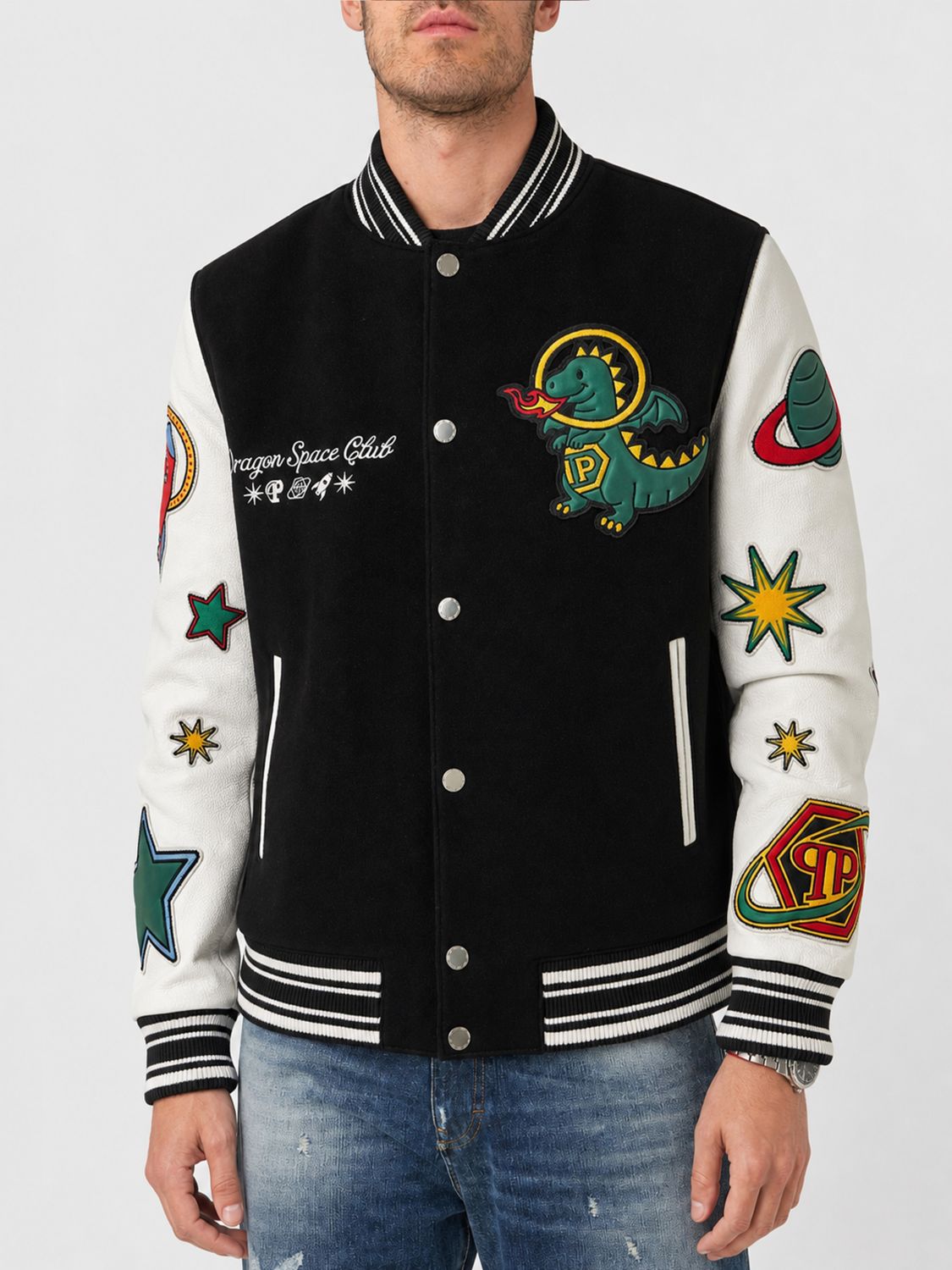 PHILIPP PLEIN Varsity-Bomberjacke aus Polyester mit Lammlederärmeln