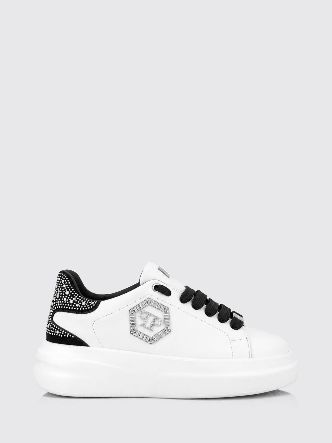Philipp Plein Leather Chunky Sneakers with Hexagon Logo and Rhinestones