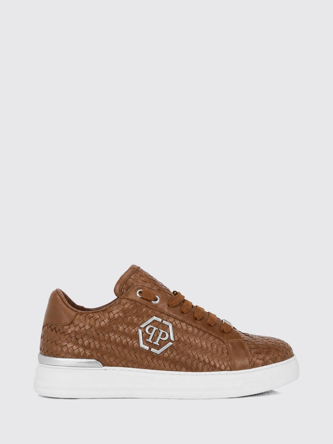 Philipp Plein Woven Leather Low-Top Sneakers with Hexagon Logo