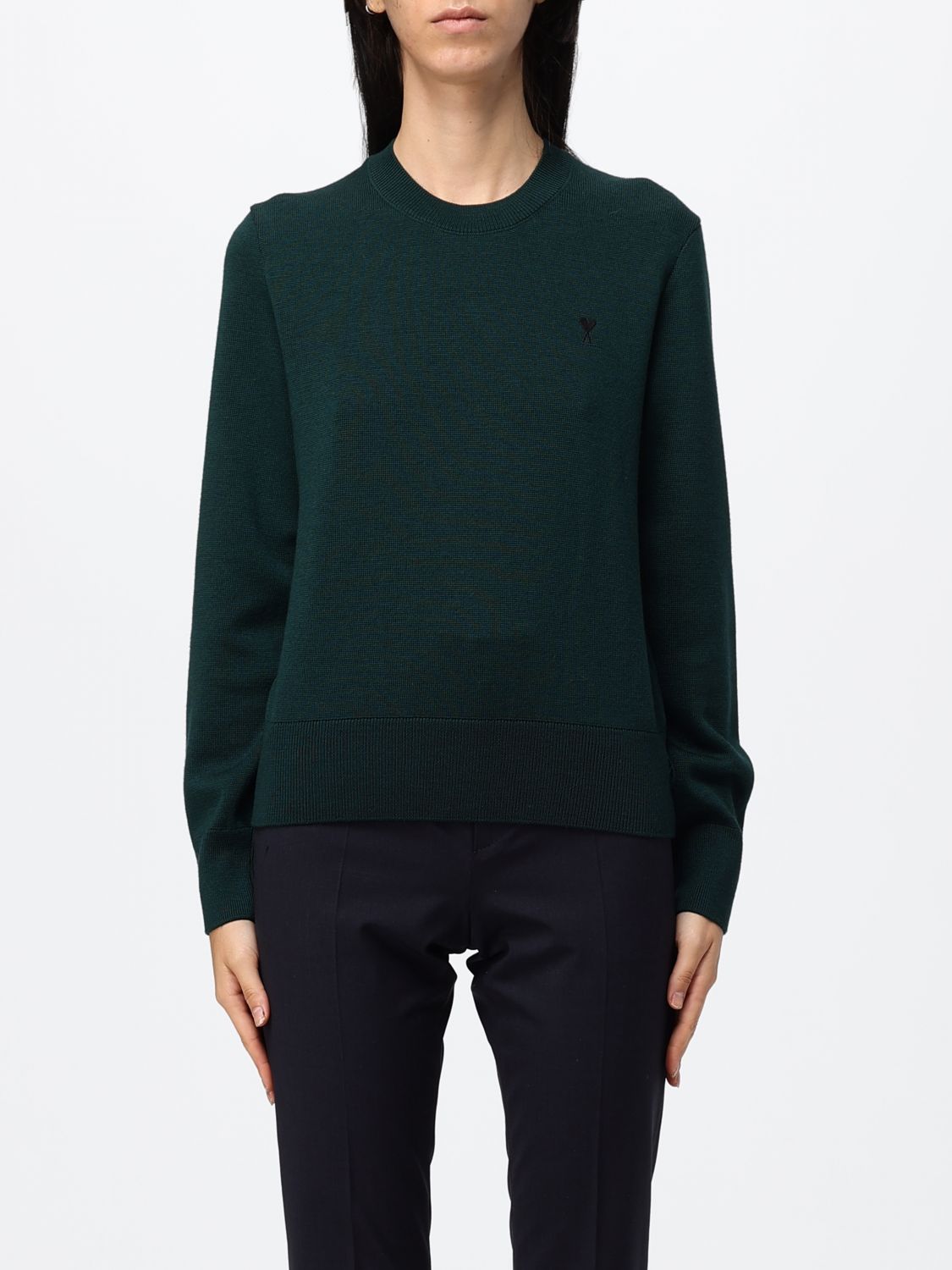 AMI PARIS Maglia girocollo slim fit in pura lana merino con logo Ami de Coeur