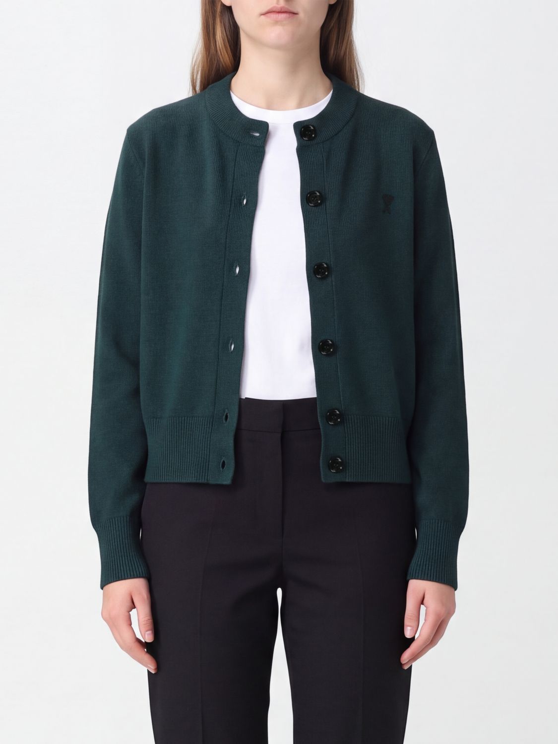 AMI PARIS Crewneck Cardigan in Pure Merino Wool with Embroidered Logo