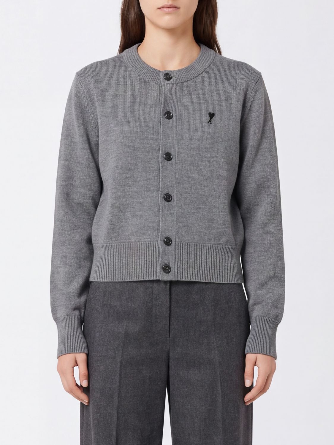 AMI PARIS Crewneck Cardigan in Pure Merino Wool with Embroidered Logo