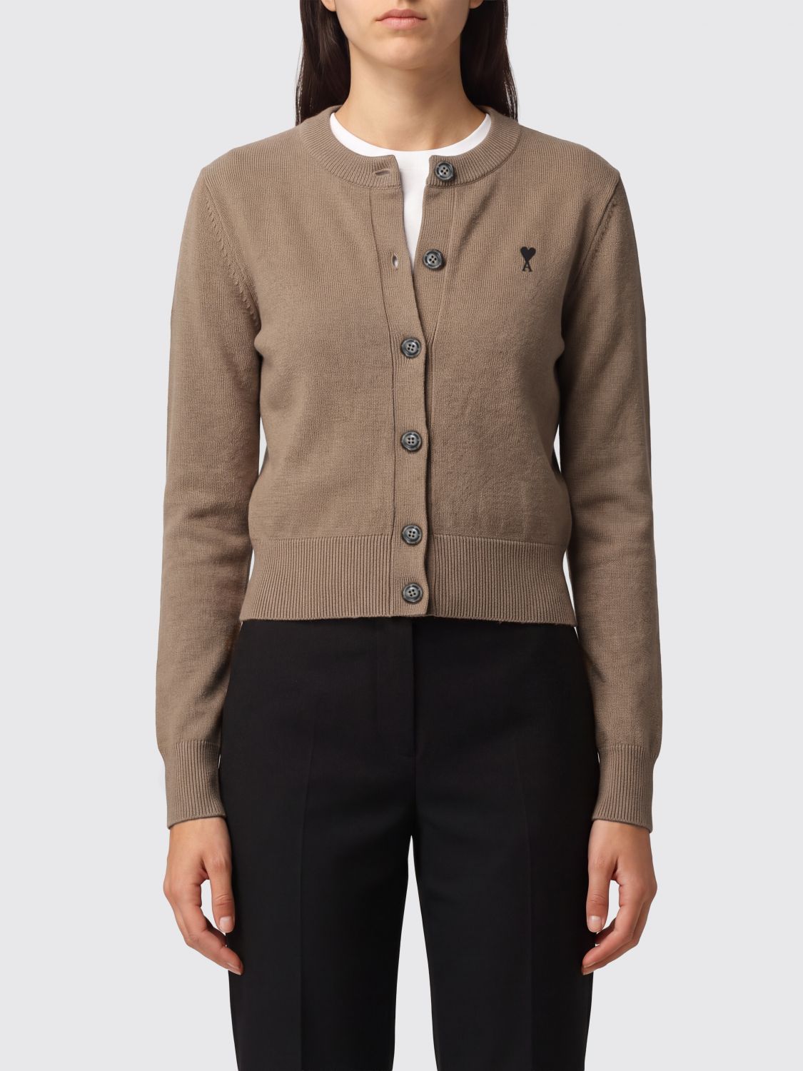 AMI PARIS Crewneck Cardigan in Pure Merino Wool with Embroidered Logo