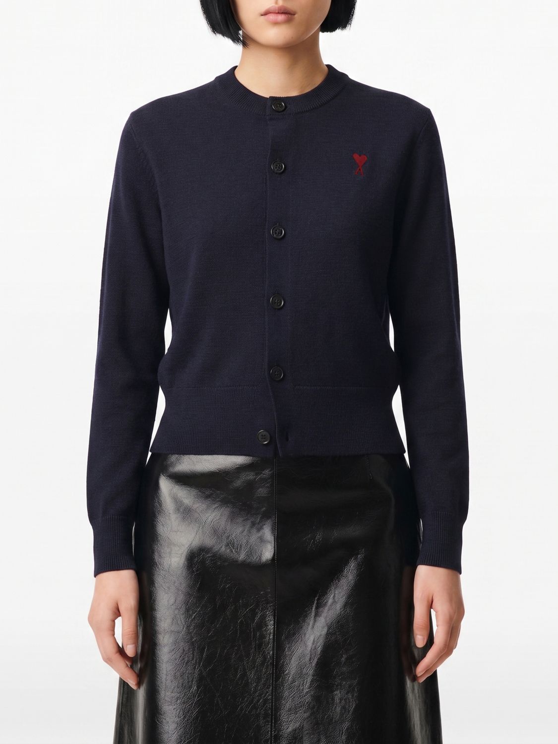 AMI PARIS Crewneck Cardigan in Pure Merino Wool with Embroidered Logo
