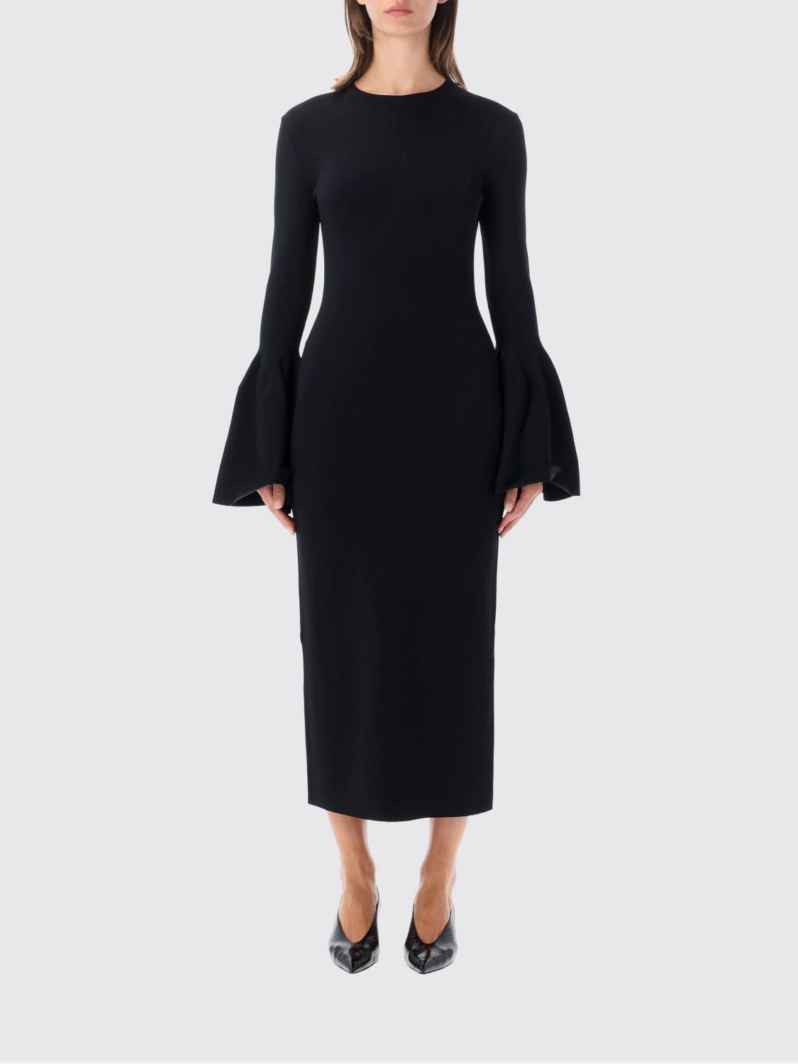 STELLA MCCARTNEY Abito midi a tubino in crêpe con maniche lunghe svasate