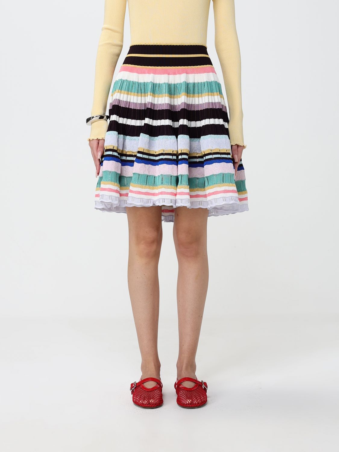 ALAÏA A-Line Knit Mini Skirt in Multicolor Striped Viscose