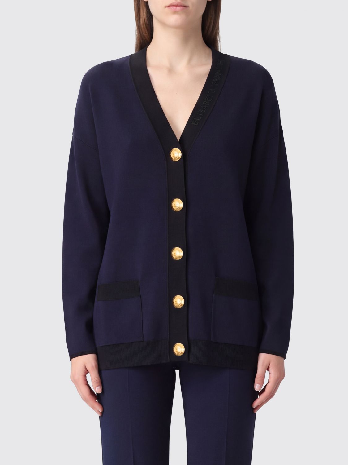 ELISABETTA FRANCHI Cardigan in lana vergine con profili e logo a contrasto