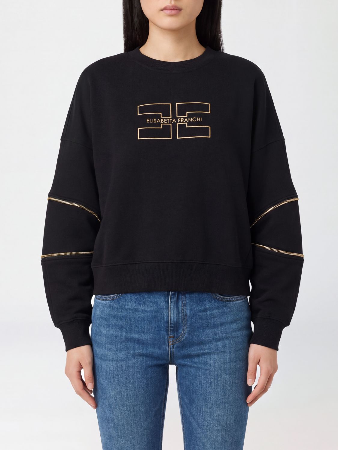 Elisabetta Franchi Cotton Crewneck Sweatshirt with Contrasting Embroidered Logo