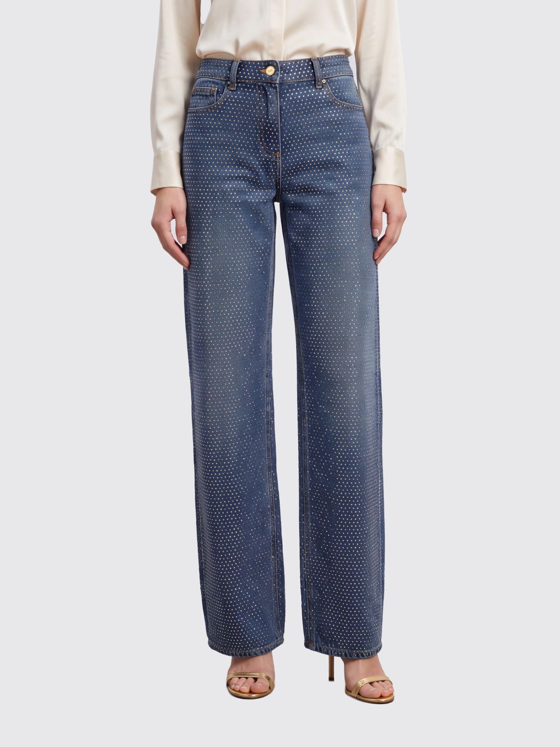 ELISABETTA FRANCHI High-Waist-Jeans aus Denim mit weitem Bein und Strasssteinen