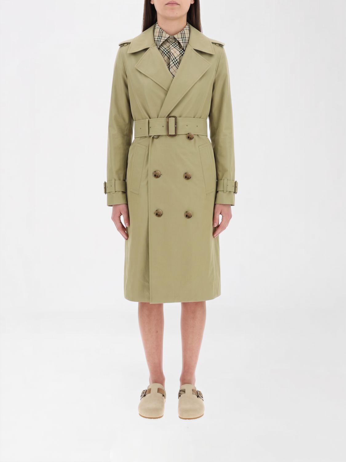 BURBERRY Double-Breasted Long Cotton Trench Coat with Adjustable Belt