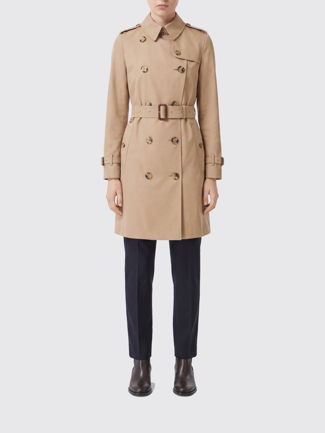 BURBERRY Knielanger zweireihiger Baumwoll-Trenchcoat mit Gürtel und Schulterklappen