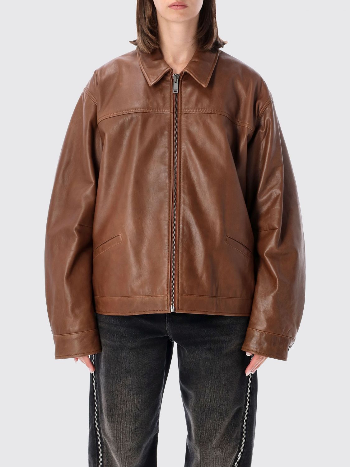 Haikure Vintage-Style Cropped Leather Jacket with Dropped Shoulders · S