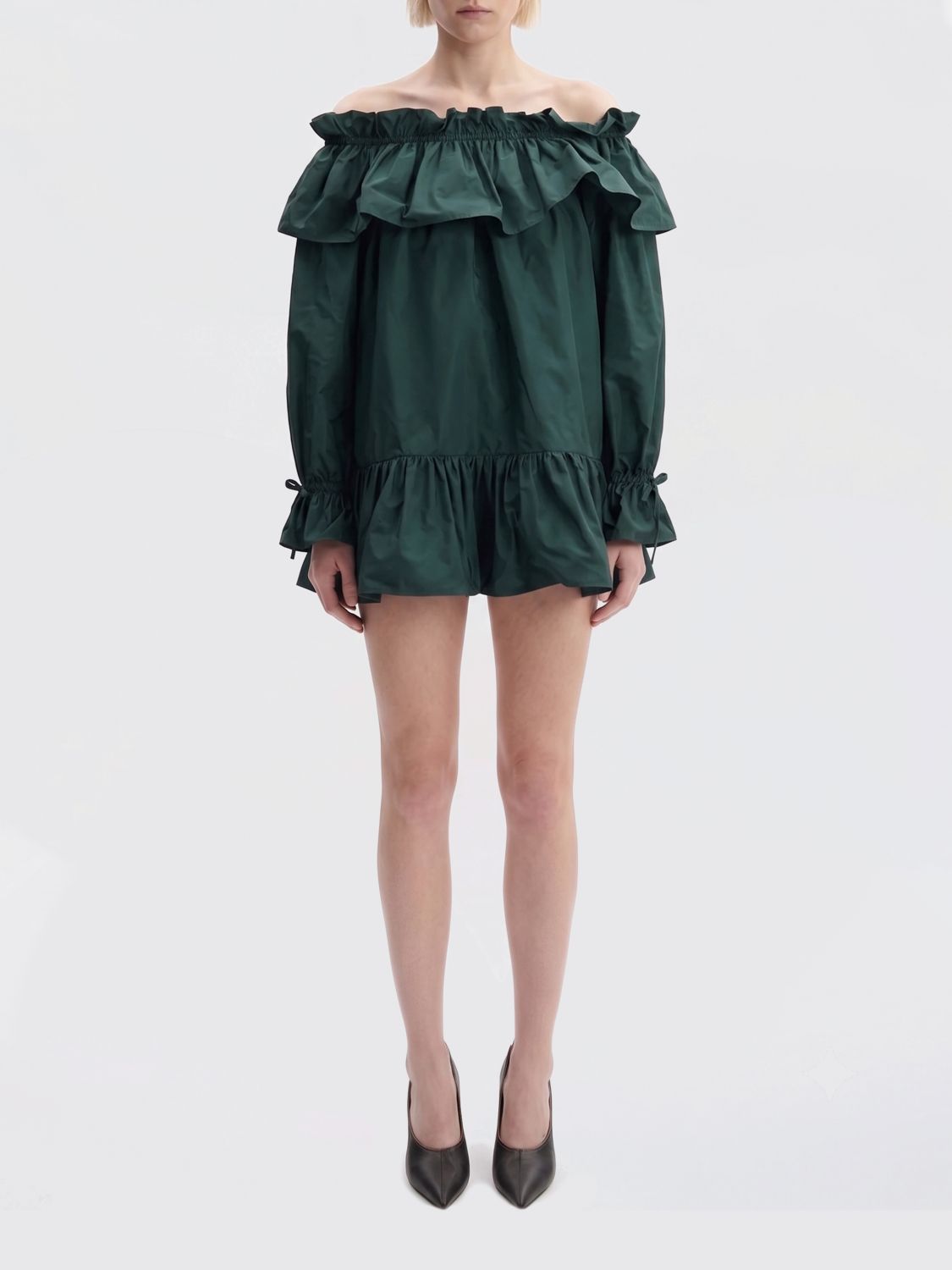 SAINT LAURENT Mini abito A-line in popeline di cotone con ricami e rouches
