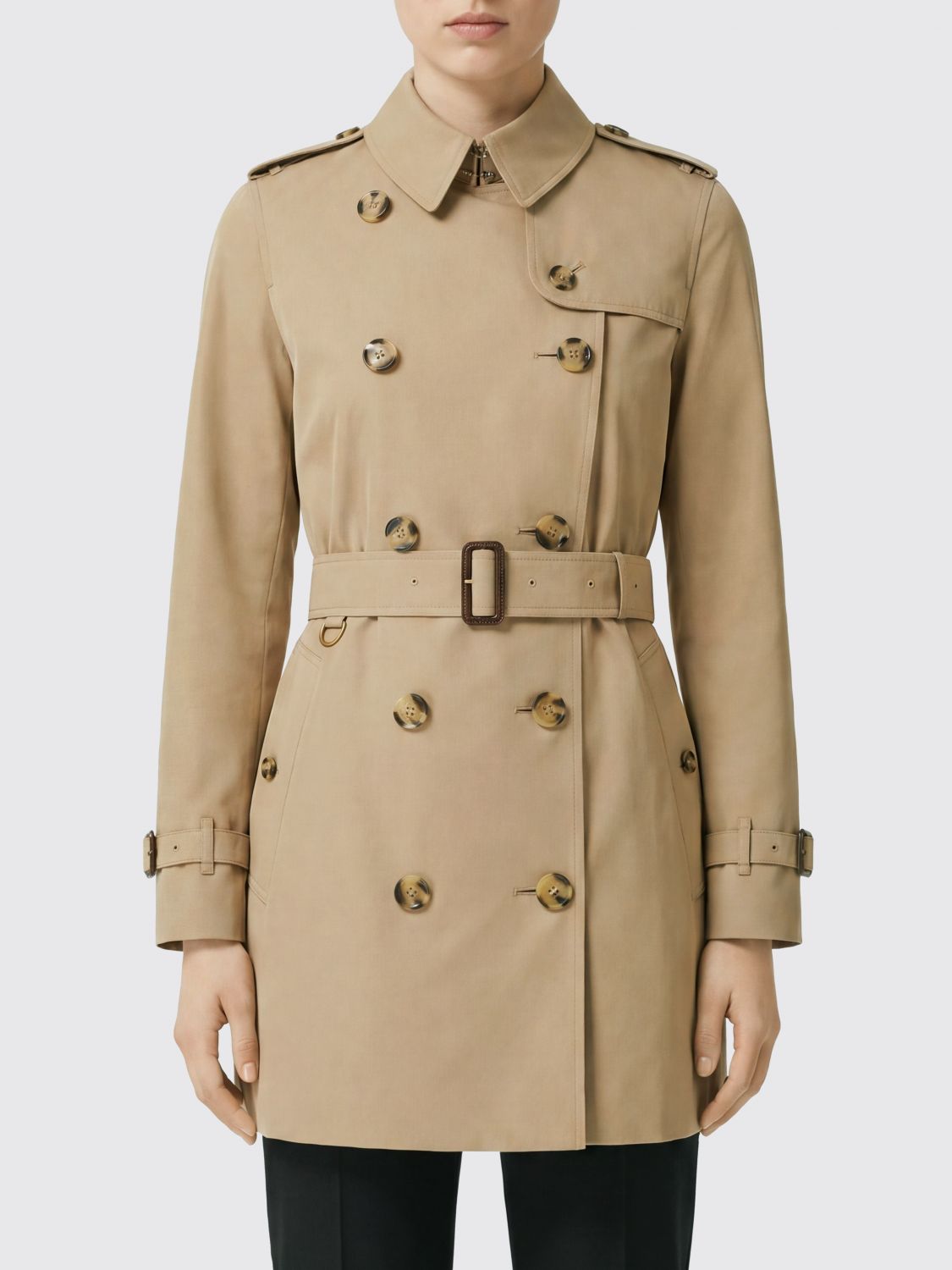 BURBERRY Cropped Double-Breasted Cotton Trench Coat with Check Undercollar