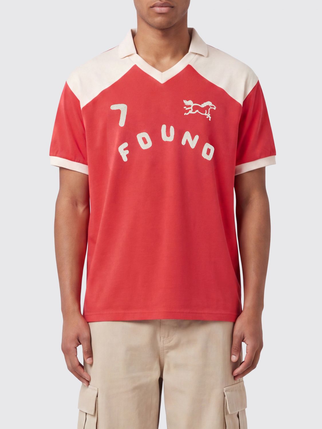 FOUND Short-Sleeved Cotton Polo Shirt with Logo Print and Bicolor Pattern
