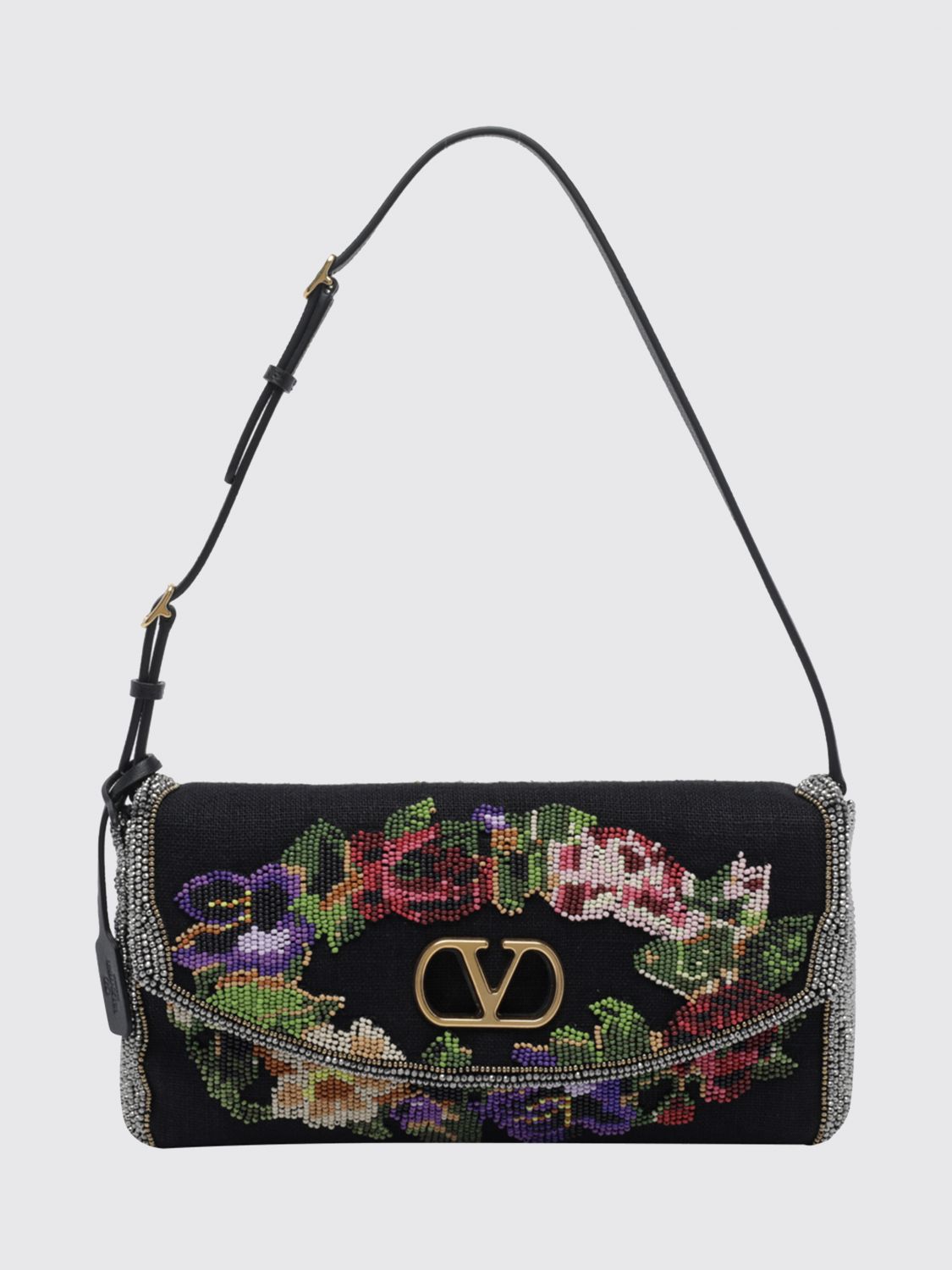 VALENTINO GARAVANI Floral Embroidered Satin Shoulder Bag with VLogo Signature
