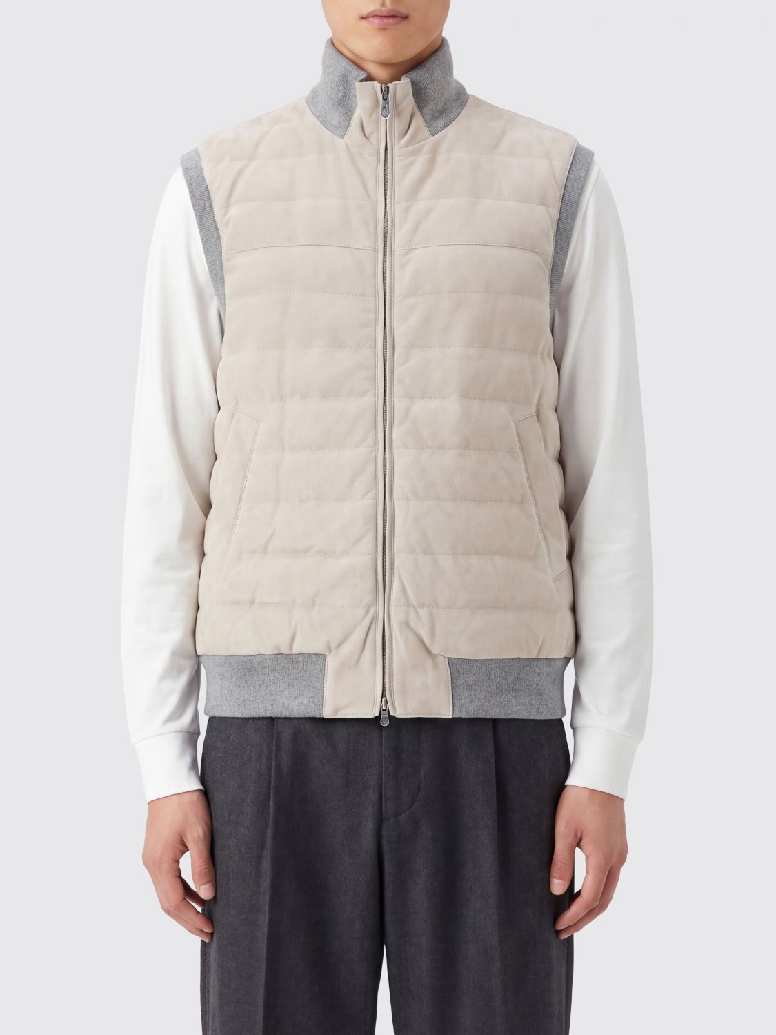 BRUNELLO CUCINELLI Padded Suede Vest with High Neck and Zip