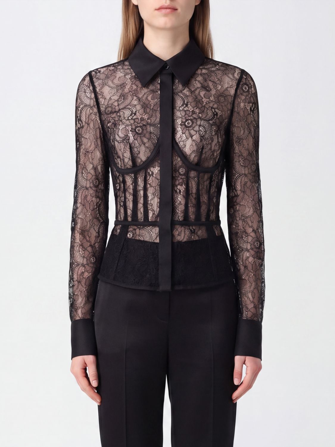 ELISABETTA FRANCHI Transparentes Spitzen-Korsetthemd mit klassischem Kragen