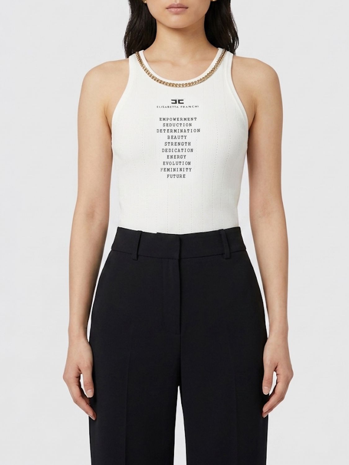 ELISABETTA FRANCHI Slim Fit Top aus Seidenmischung mit Logo-Print und Metallic-Mesh