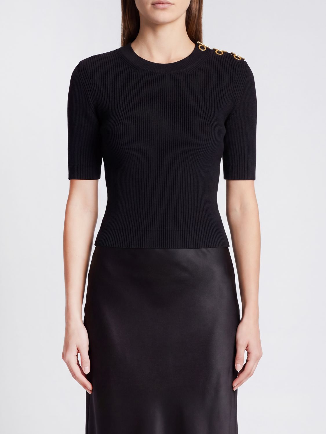 Elisabetta Franchi Cropped Ribbed Viscose Top with Metal Eyelets