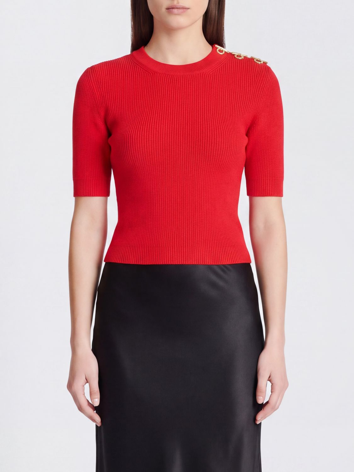 Elisabetta Franchi Cropped Ribbed Viscose Top with Metal Eyelets