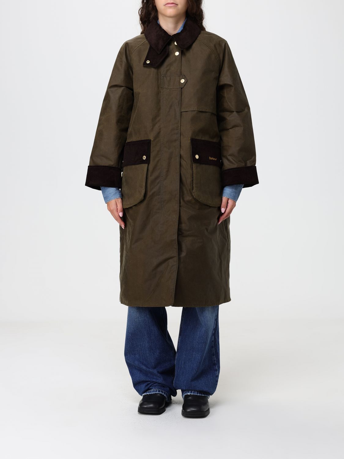 BARBOUR Kirklees Long Waxed Cotton Jacket with Corduroy Collar