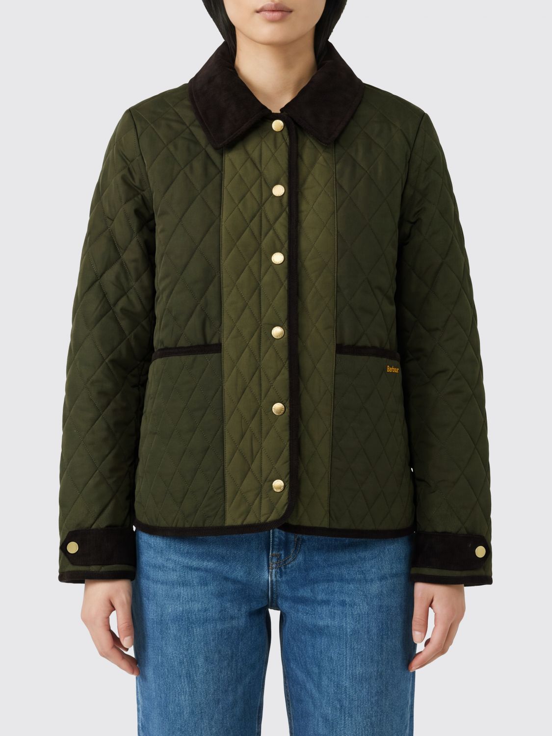 BARBOUR Giacca-camicia trapuntata in cotone cerato con colletto in velluto