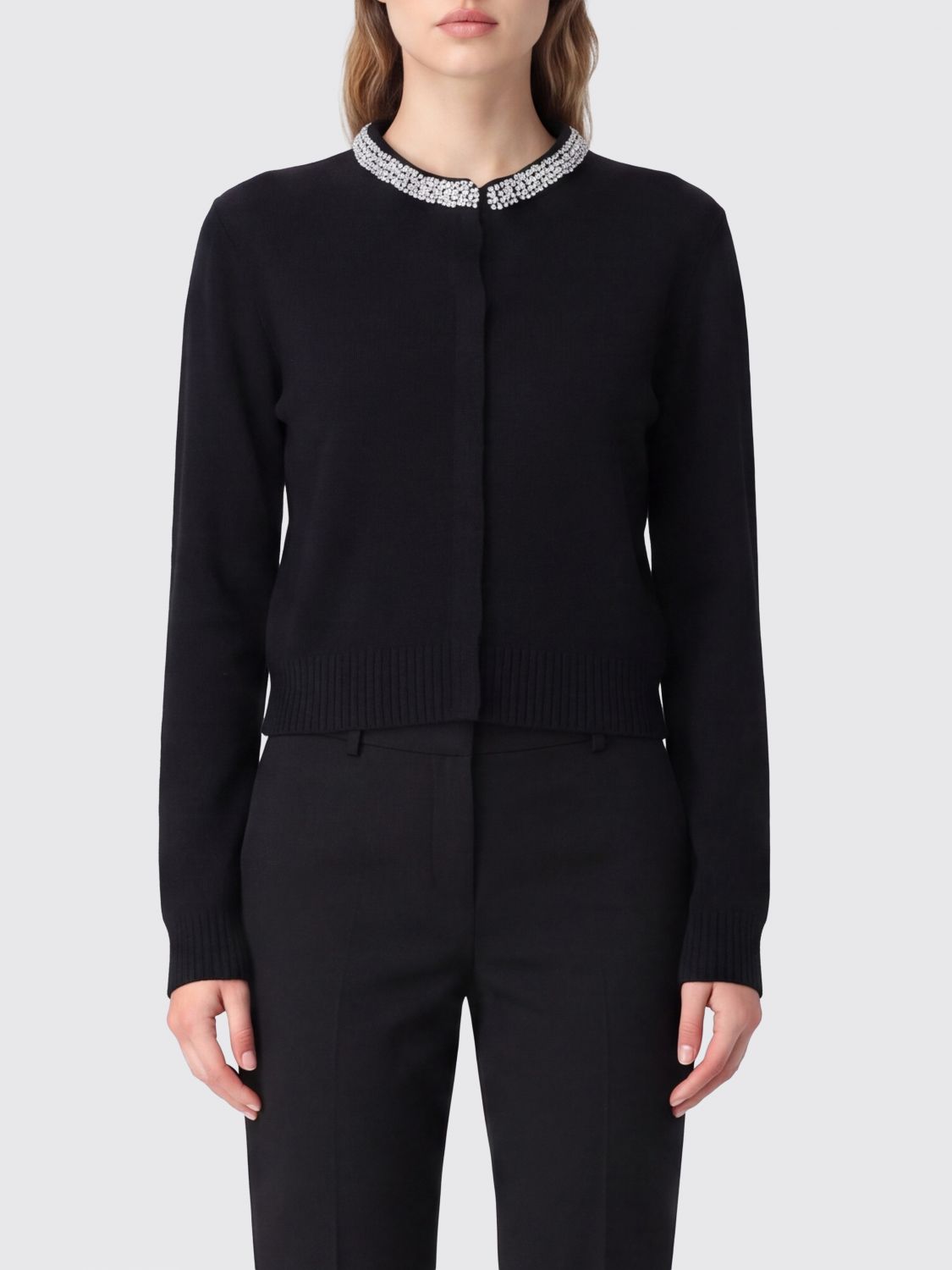Pinko Crewneck Wool-blend Cardigan With Crystal Applications In Black