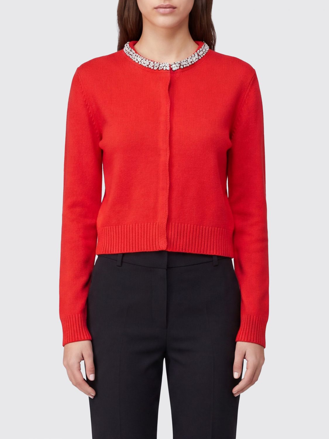 Pinko Crewneck Wool-blend Cardigan With Crystal Applications In Red